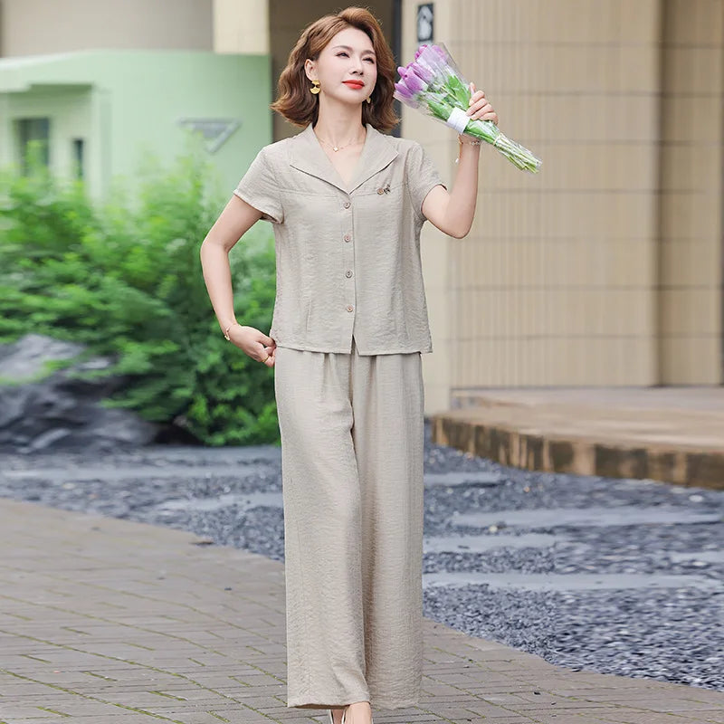 Elegant Fashionable Mommy Outfit Summer Short Sleeve Shirt Wide Leg Pants Two Piece Set for Middle-Aged And Elderly Women
