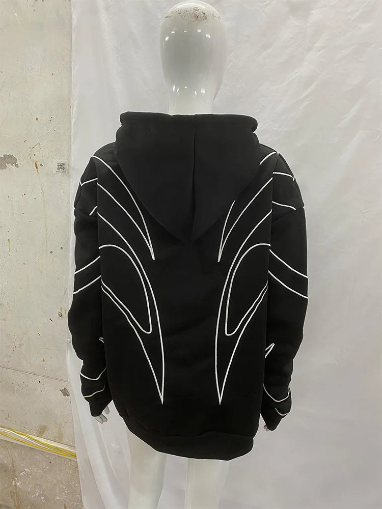 Street Retro Fashion Clothing Striped Embroidered Black Double Zipper Hoodie American Hip-hop Punk Oversized Sweatshirt women