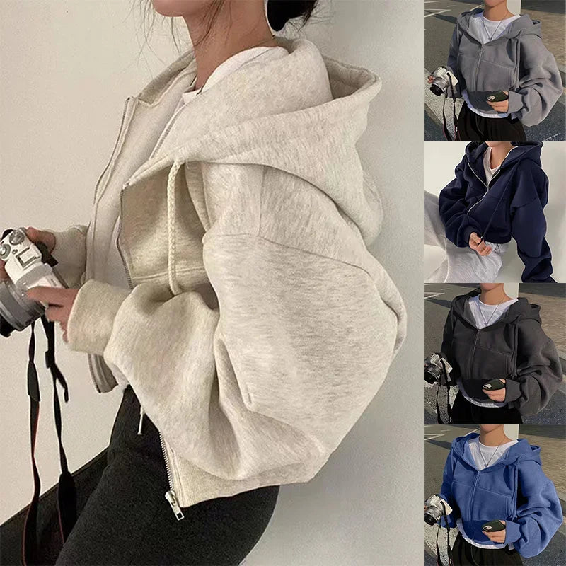 2025 Spring Autumn New Insfleece-lined Versatile Cropped Slims Smooths Silhouette Zip-up Warm Navy Blue Hooded Sweatshirt Women