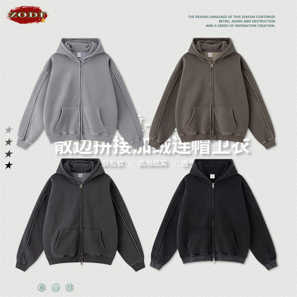 ZODF Retro 2025 Autumn Winter Zipper Fleece Hoodies For Man Unisex 400gsm Solid Washed Batik Warm Hooded Coats HY1084