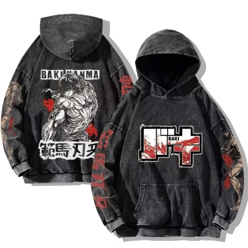 Baki Hanma Anime Print Hooded Men Women Vintage Trendy Hoodies Plus Size Washed Cotton Sweatshirt Harajuku Unisex Streetwear