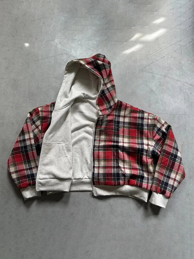 Winter Casual Plaid Print Hoodie Women's Warm Zip-Up Double-Sided Wear Sweatshirt Female Fashion Trendy Loose Hooded