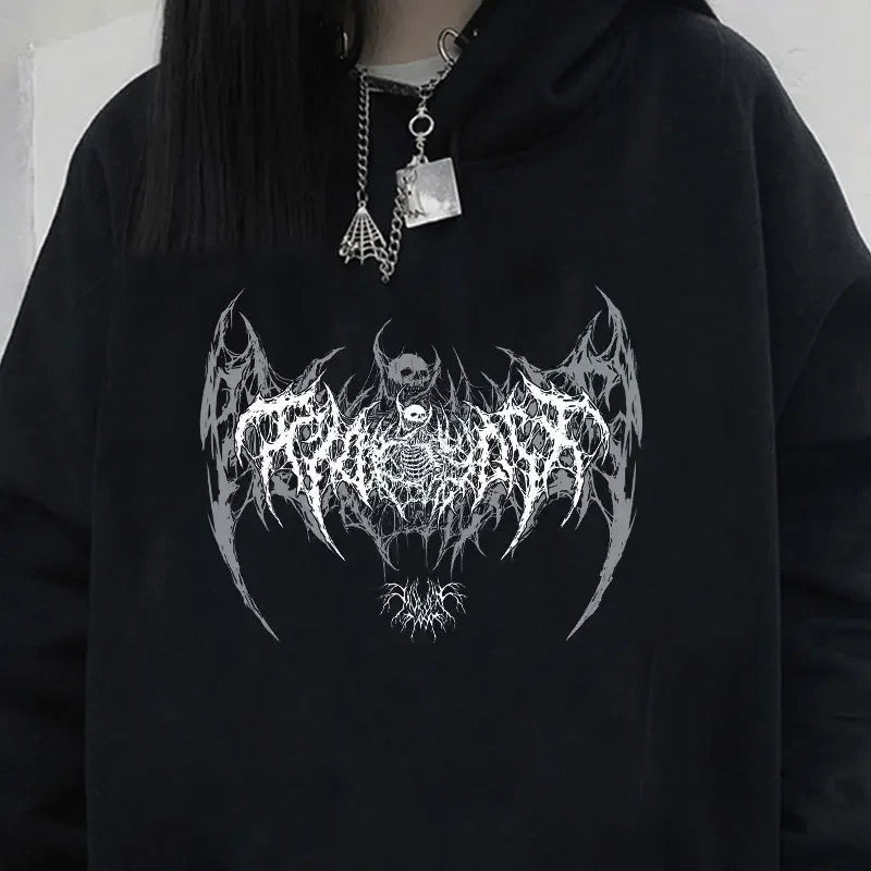 Skull Graphic Printed Long Sleeve Men Hooded Women's Sweatshirt Gothic Top Black Punk Style Fashion Cool Girl Unisex Hoodie