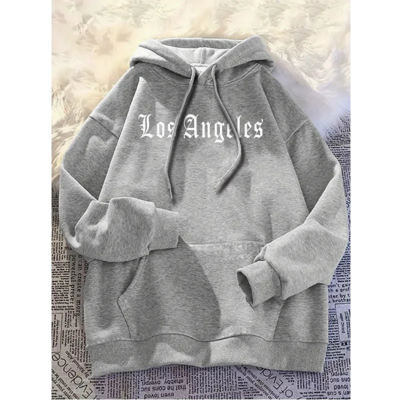 Men's Autumn and Winter Casual Fashion Loose Hoodie Los Angeles Letter Printed Long Sleeved Warm Pullover Sweater