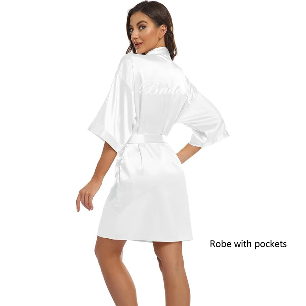 Light Blue Women's Satin Robe Short Kimono for Bride & Bridesmaid With White Letter, Wedding Party Robes