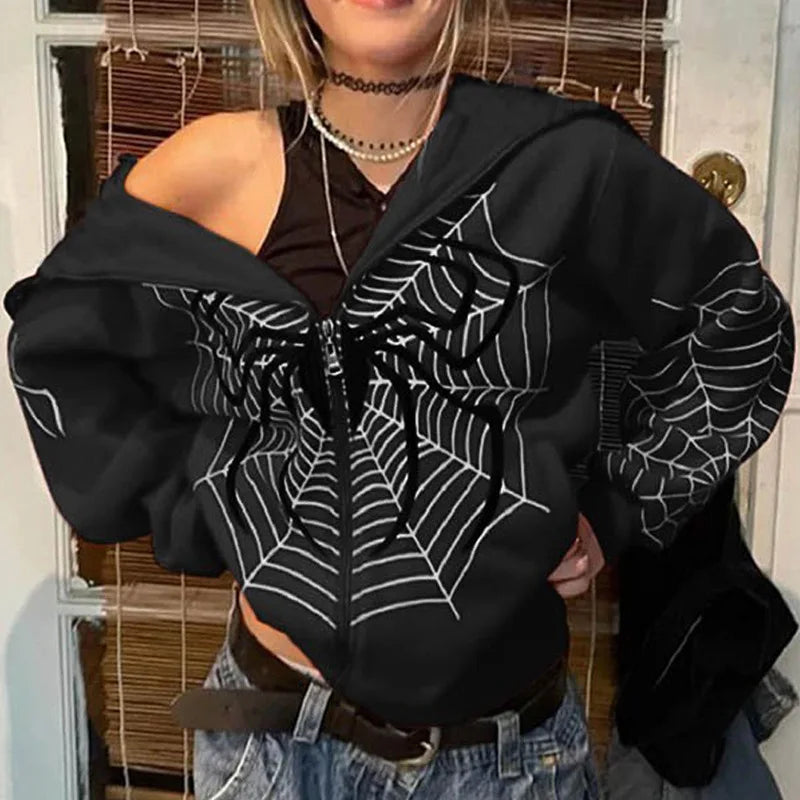 cross-border new Europe and the United States INS autumn and winter spider web print street hipster full zipper pullover hoodie