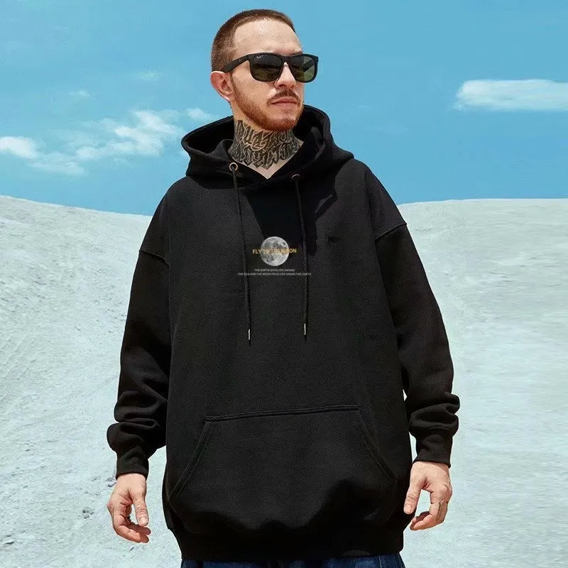 M-8XL Hoodie Men's Large Sweater Hoodie Loose American Fashion Moon Print Long Sleeve Double Shirt