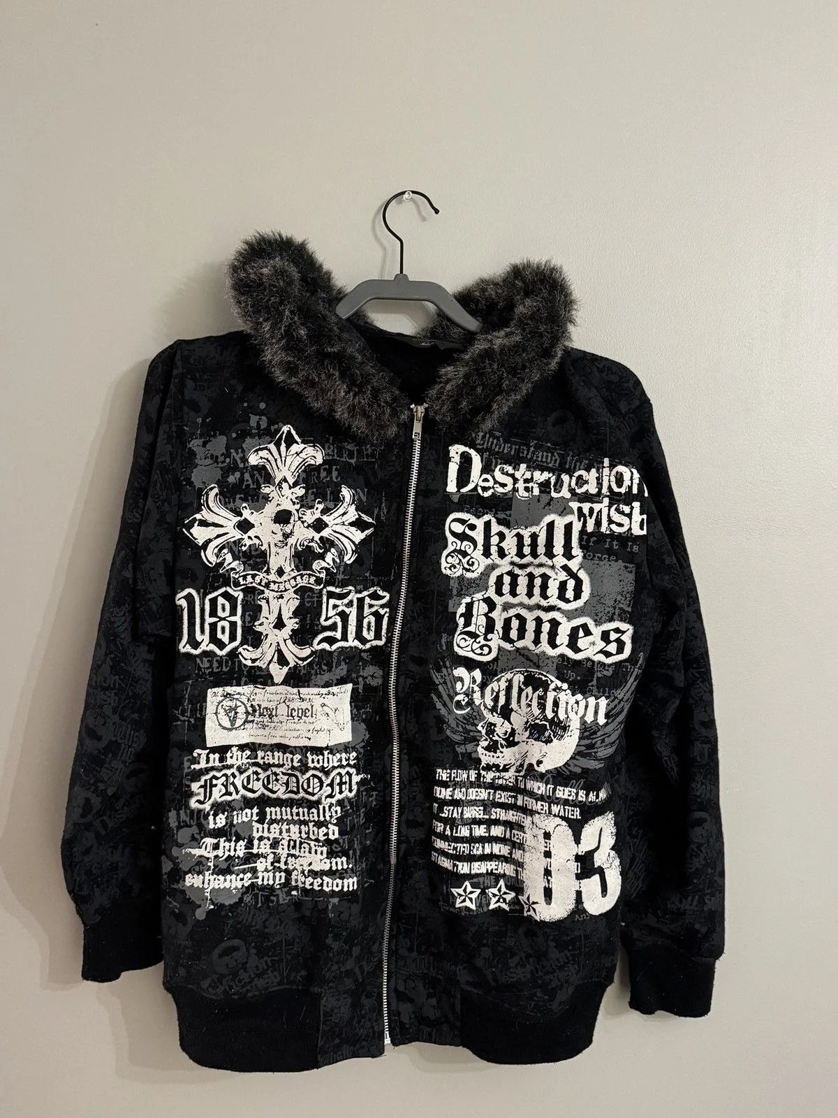 Y2K Fur collar sweatshirt Gothic Retro Pattern Super Dalian Hat Zipper Sweatshirt Trend Men Women Fashion Casual Streetwear