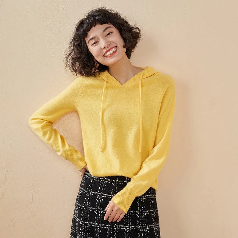 CHICUU Women Cashmere Hoodie Sweater 100% Cashmere Pullover Knitwear Autumn Winter Casual Style Hoodie Soft Warm Clothing Tops