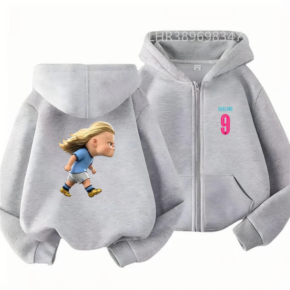 Kids Zipper Hoodie Tops Football Star No. 9 Print Black Boys Girls Red Toddler Coat Age 3-12 Casual Autumn Fashion Clothing