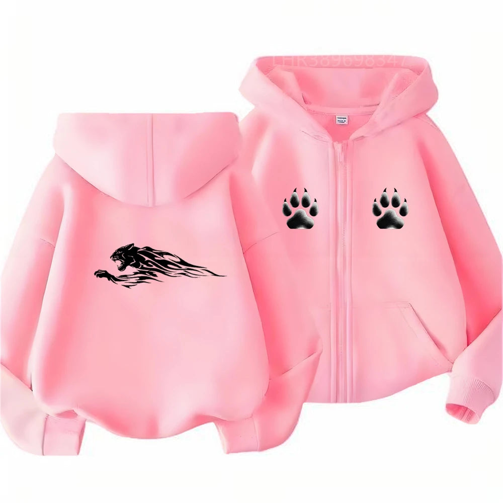 Children's Hoodie 3-12 Years Girl Boy Zip Up Cardigan Tops Cougar Print Pattern Pink Black Autumn Long Sleeve Clothing New