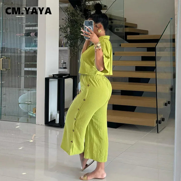 CM.YAYA Fashion Women's Set Short Sleeve shirt Blouses and Button Splicing Side Wide Leg Pants Suits 2024 Two 2Piece Set Outfits