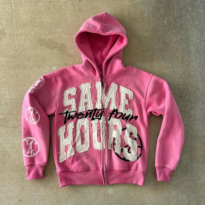 Quick Delivery Y2K Letter Sticker Printed Street Hip-Hop Style Heavyweight Hooded Sweatshirt Cardigan Design High Street Jacket