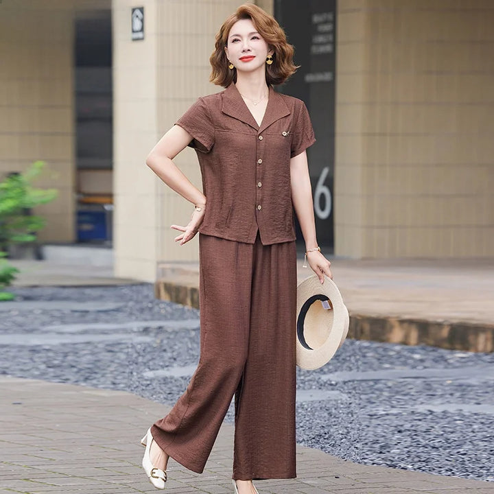 Elegant Fashionable Mommy Outfit Summer Short Sleeve Shirt Wide Leg Pants Two Piece Set for Middle-Aged And Elderly Women