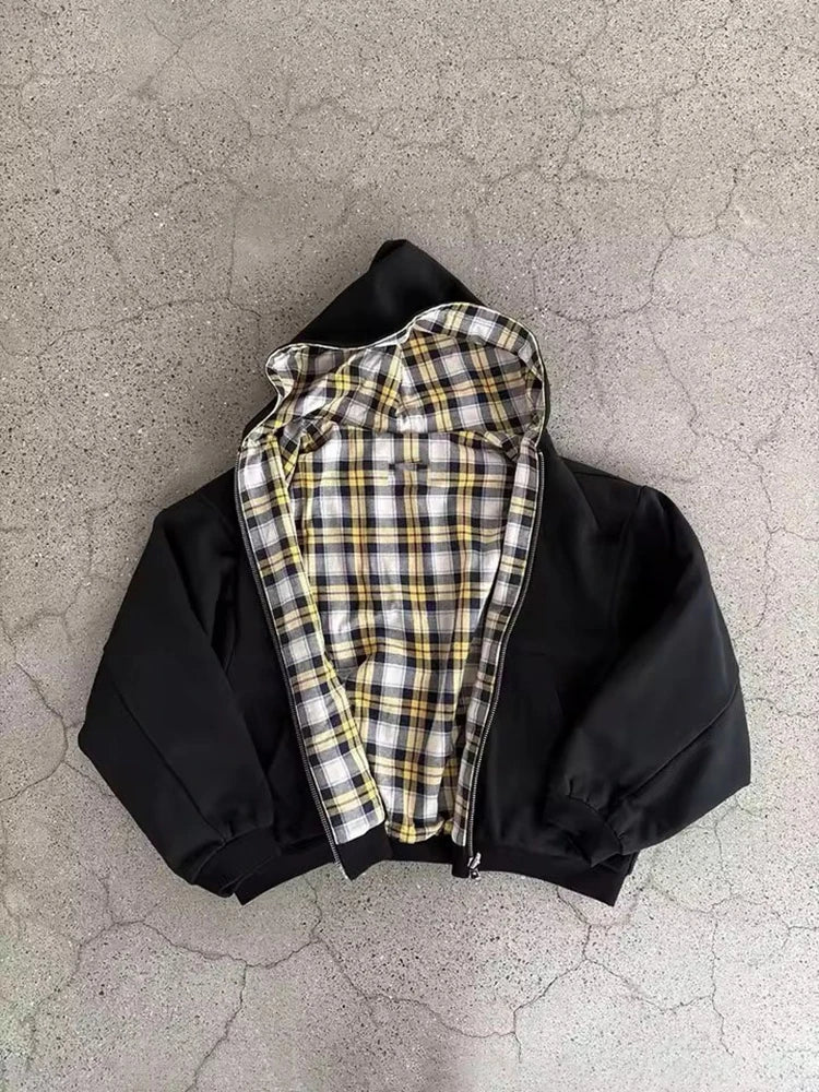 Fashion Two Wear Plaid Hoodies Women Y2K Long Sleeve Loose Hood Shirt Korean Zipper Sweatshirt Coats Streetwear Harajuku Jackets