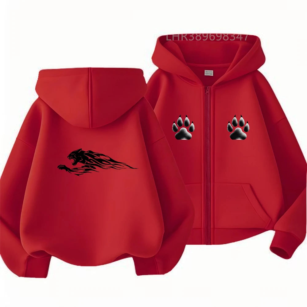 Children's Hoodie 3-12 Years Girl Boy Zip Up Cardigan Tops Cougar Print Pattern Pink Black Autumn Long Sleeve Clothing New