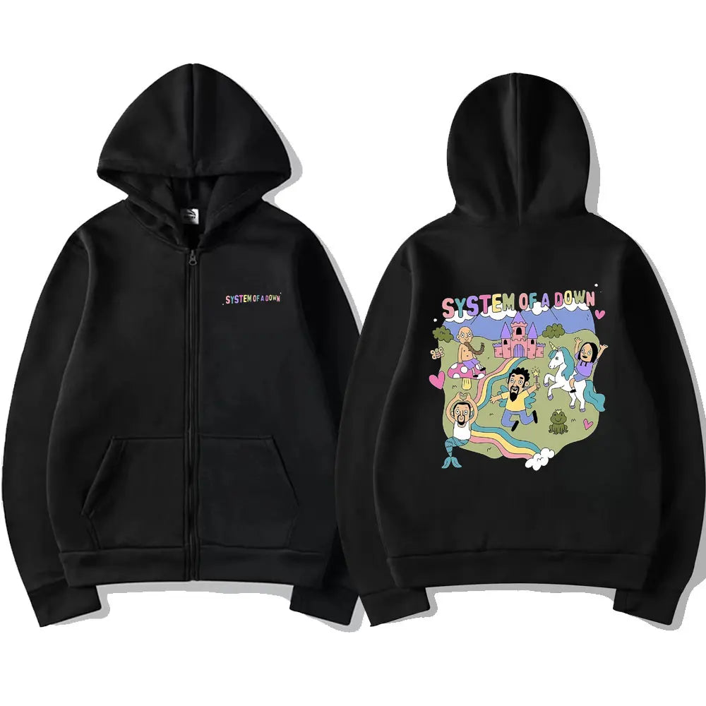 System of A Down Graphic Zipper Hoodie Men Women Vintage Rock Music Band Cartoon Graphic Zip Up Hoodies Coat Men's Zip Up Jacket