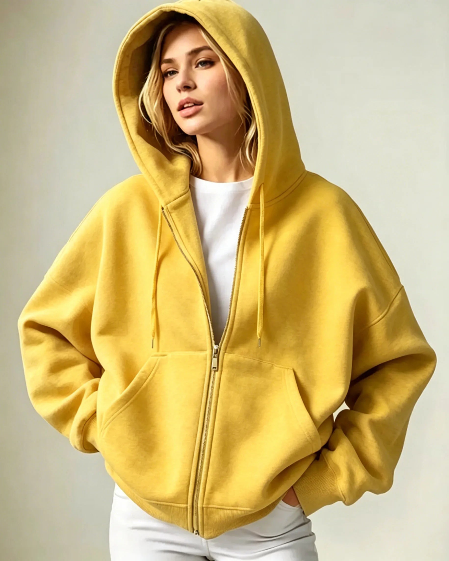 Women Solid Full Zip Up  Hoodie Casual Loose Pocket Hooded Jacket  Soft Long Sleeve Sweatshirt Autumn Winter couple Outerwear