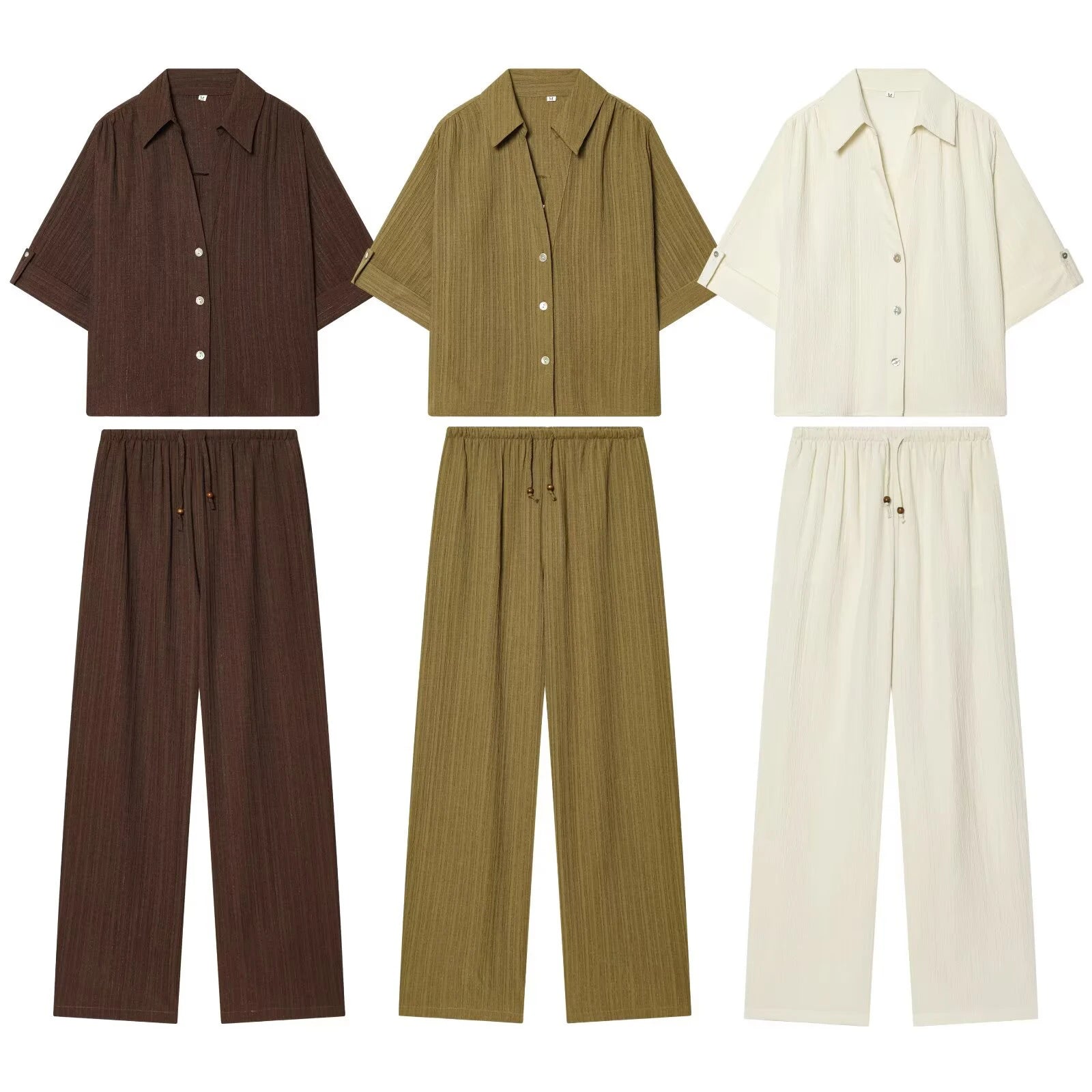 Summer women's collar short sleeved casual drape shirt high waist elastic waist long straight leg pants set