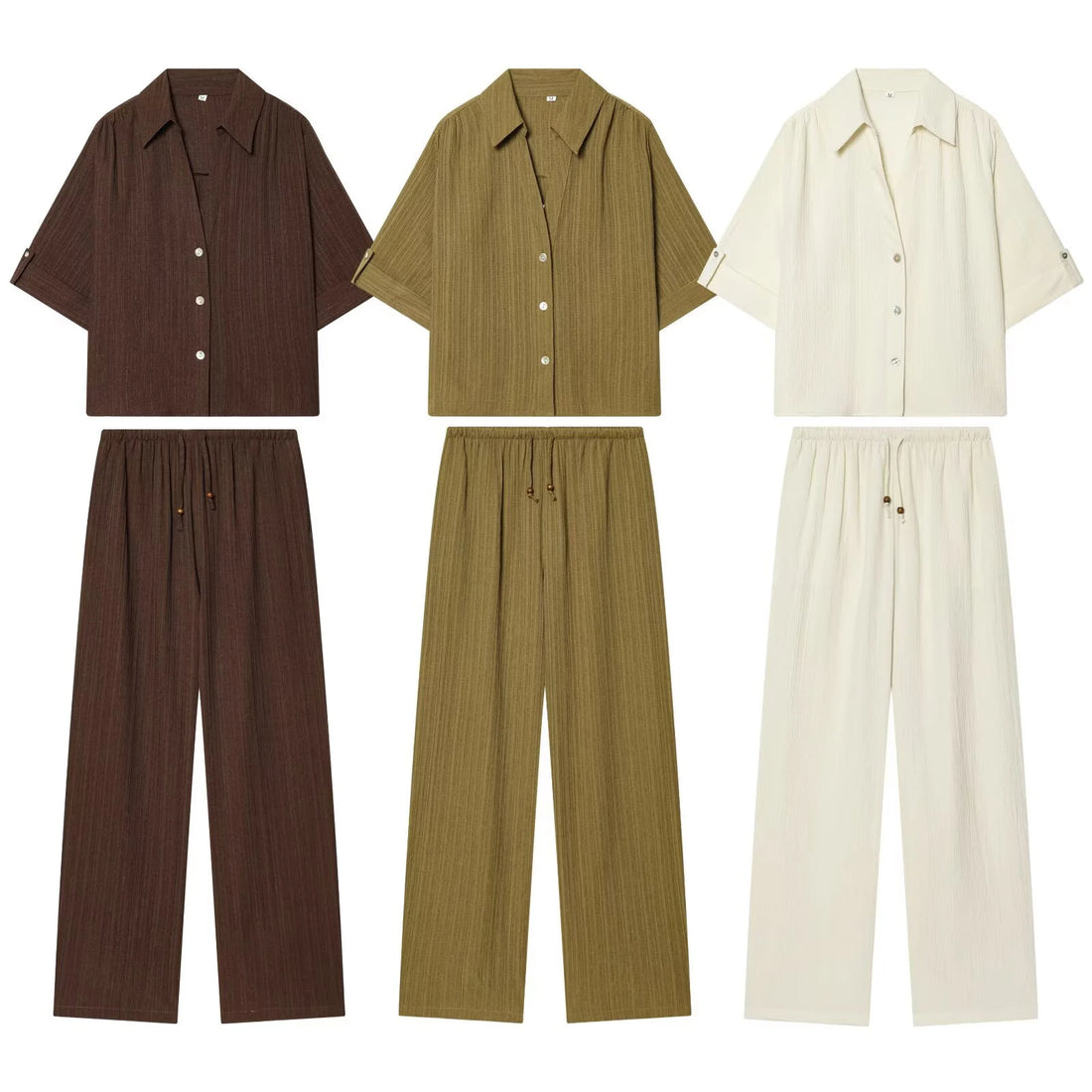 Summer women's collar short sleeved casual drape shirt high waist elastic waist long straight leg pants set