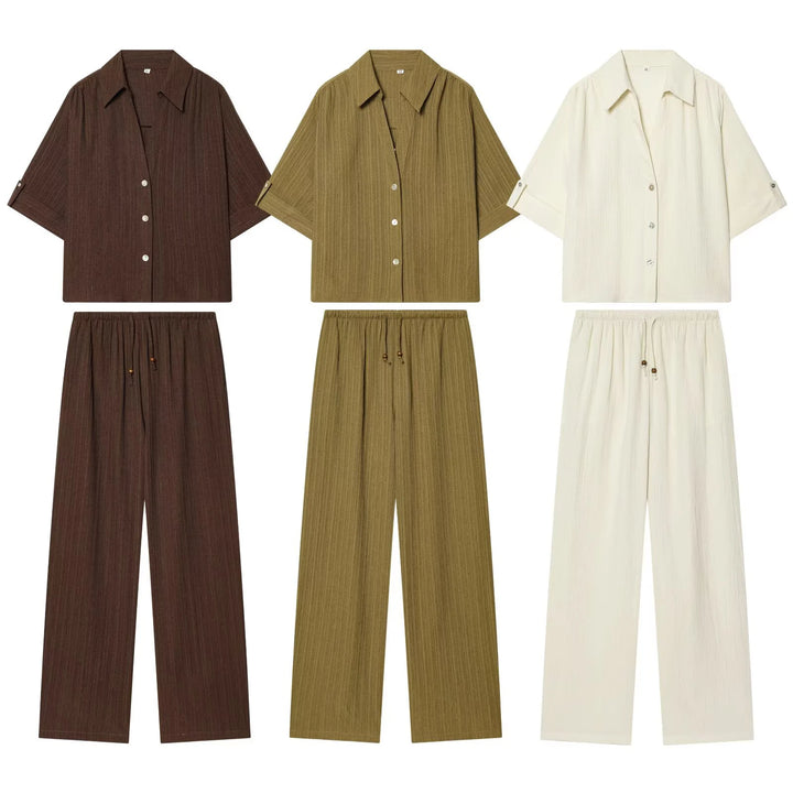 Summer women's collar short sleeved casual drape shirt high waist elastic waist long straight leg pants set