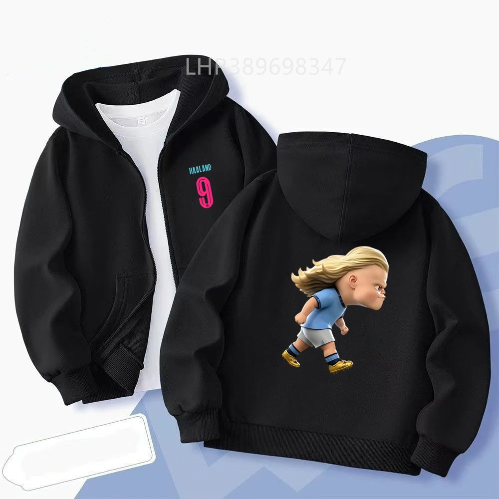 Kids Zipper Hoodie Tops Football Star No. 9 Print Black Boys Girls Red Toddler Coat Age 3-12 Casual Autumn Fashion Clothing