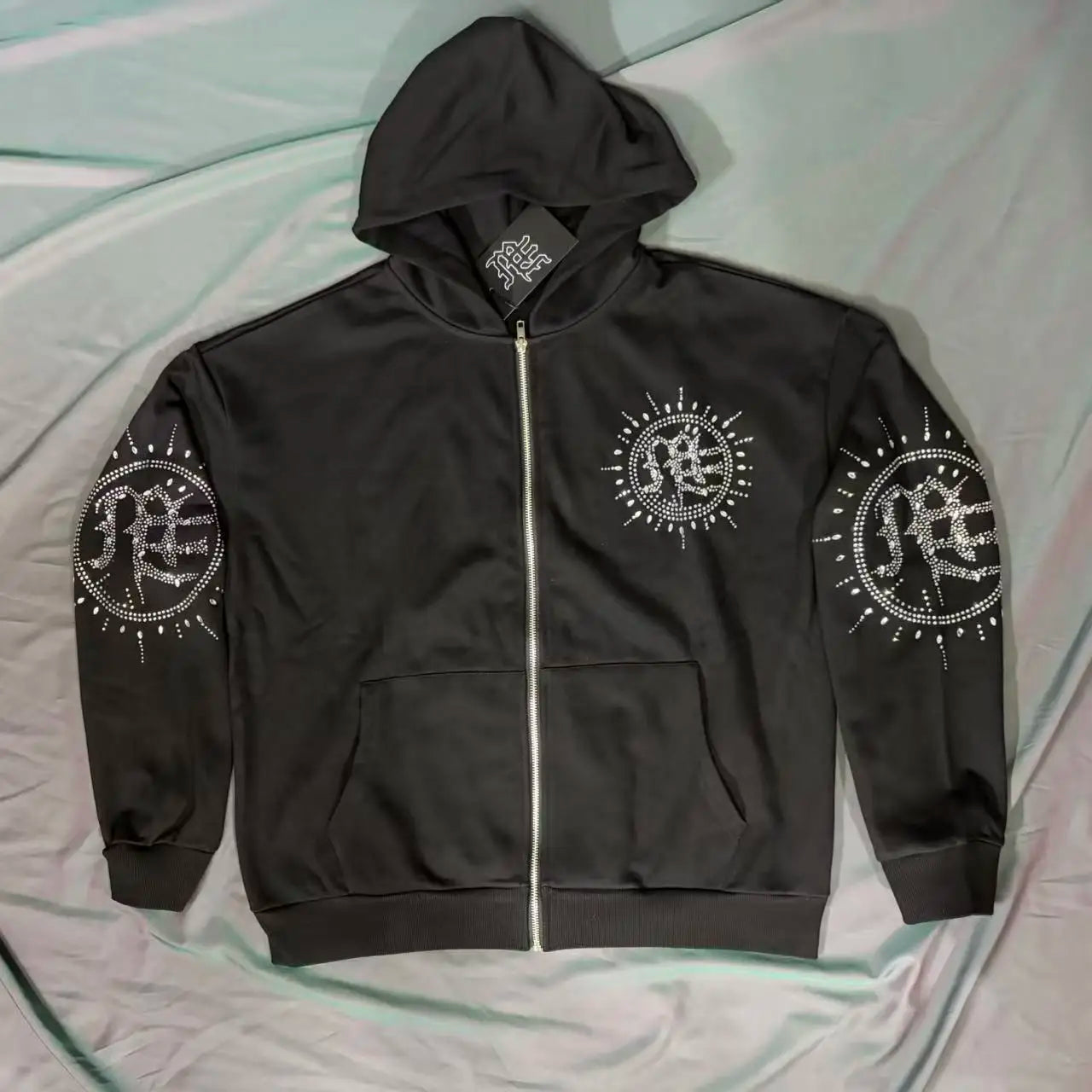 Fashionable Zip-Up Jacket, High Quality, 450g Heavyweight Pure Cotton Terry Fabric, White Ink Direct Printing, Middle Eastern Glass Rhinestones, Full Print, Hand-Applied Rhinestones