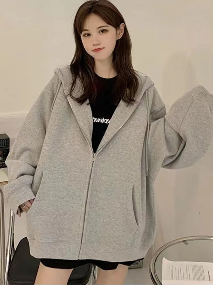 Oversize Women's Sweatshirts Autumn Casual Korean Long Sleeve Hooded Zip-up Y2k Hoodies Streetwear Harajuku Female Clothes Black