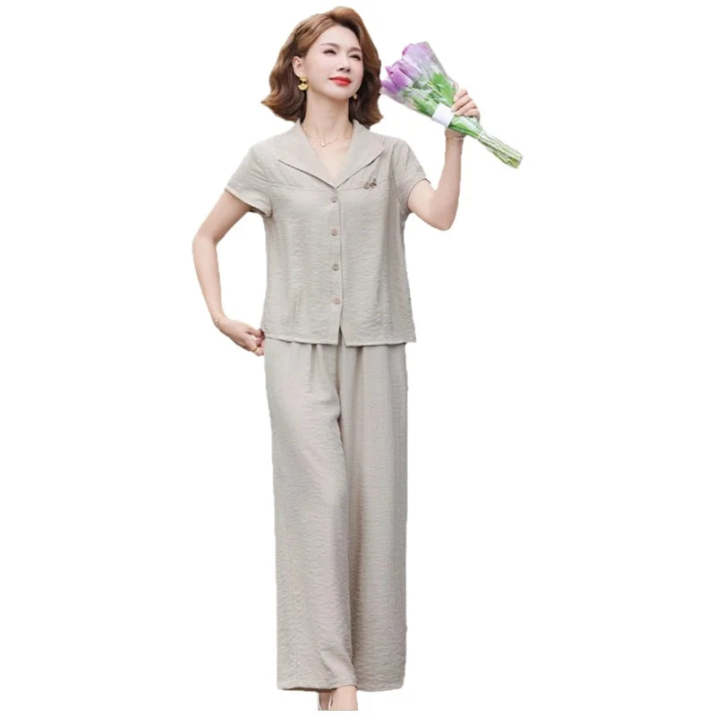 Elegant Fashionable Mommy Outfit Summer Short Sleeve Shirt Wide Leg Pants Two Piece Set for Middle-Aged And Elderly Women