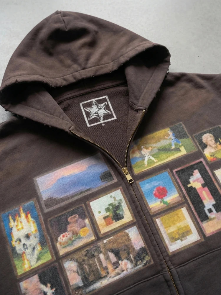 Y2K Retro Gallery Hoodie Brown Pixel Painting Art Pattern Zip Up Sweatshirt Trendy Classic Streetwear Unisex Oversize Clothing