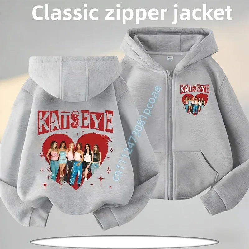 KATSEYE Children's Zippered Pullover Hoodie Boys' Sport Shirt Girls' Casual Top Cartoon Print 2026 New Fall/Winter Coat