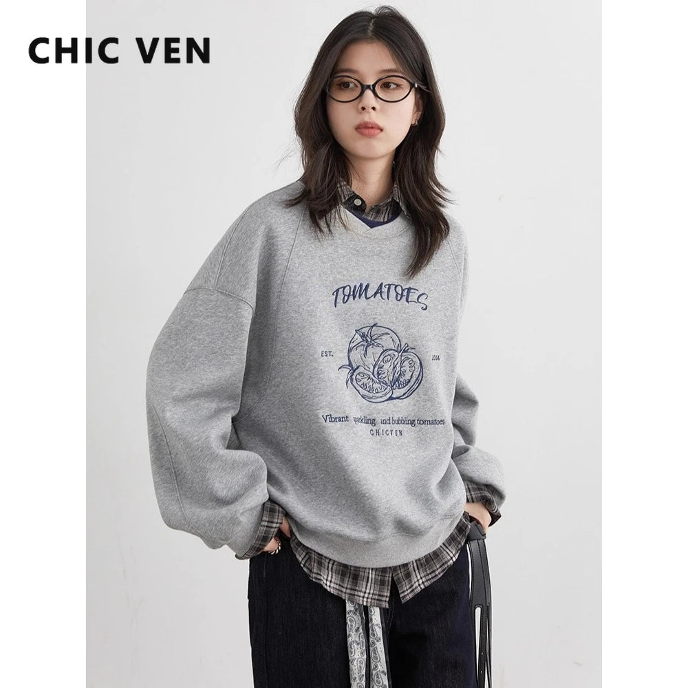 CHIC VEN Women Sweatshirts Loose Casual Design Contrasting Color Female Pullover Embroidery Pullover Coat Autumn Winter 2025