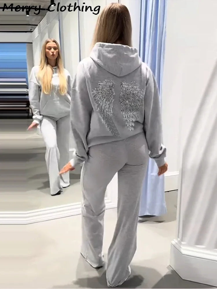 Sequin Angel's Wings Hoodies Women Chic Loose Long Sleeve Pullovers Top Slim Yoga Pant Set 2025 New Casual Lady Two Piece Sets