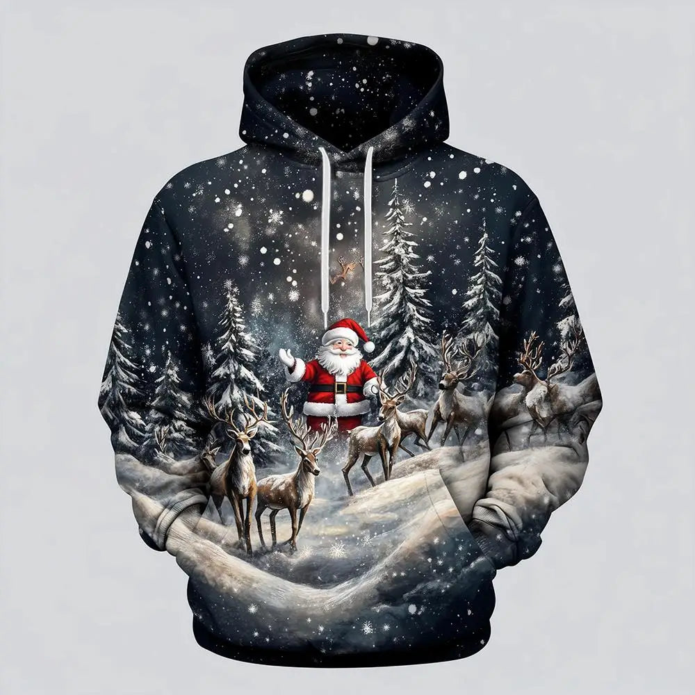 Santa Claus Reindeer 3D Printed Hoodie Men's And Women's Autumn And Winter Fashion Casual Pullover Christmas Holiday Party Top