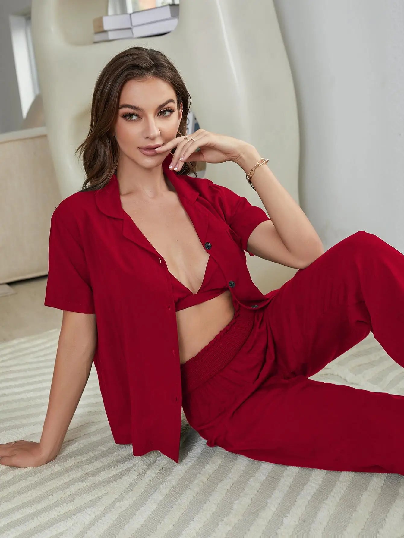 New women's summer underwear short-sleeved shirt trousers three-piece ladies sexy pajamas home clothes can be worn outside