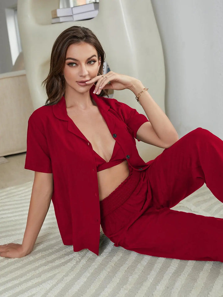 New women's summer underwear short-sleeved shirt trousers three-piece ladies sexy pajamas home clothes can be worn outside