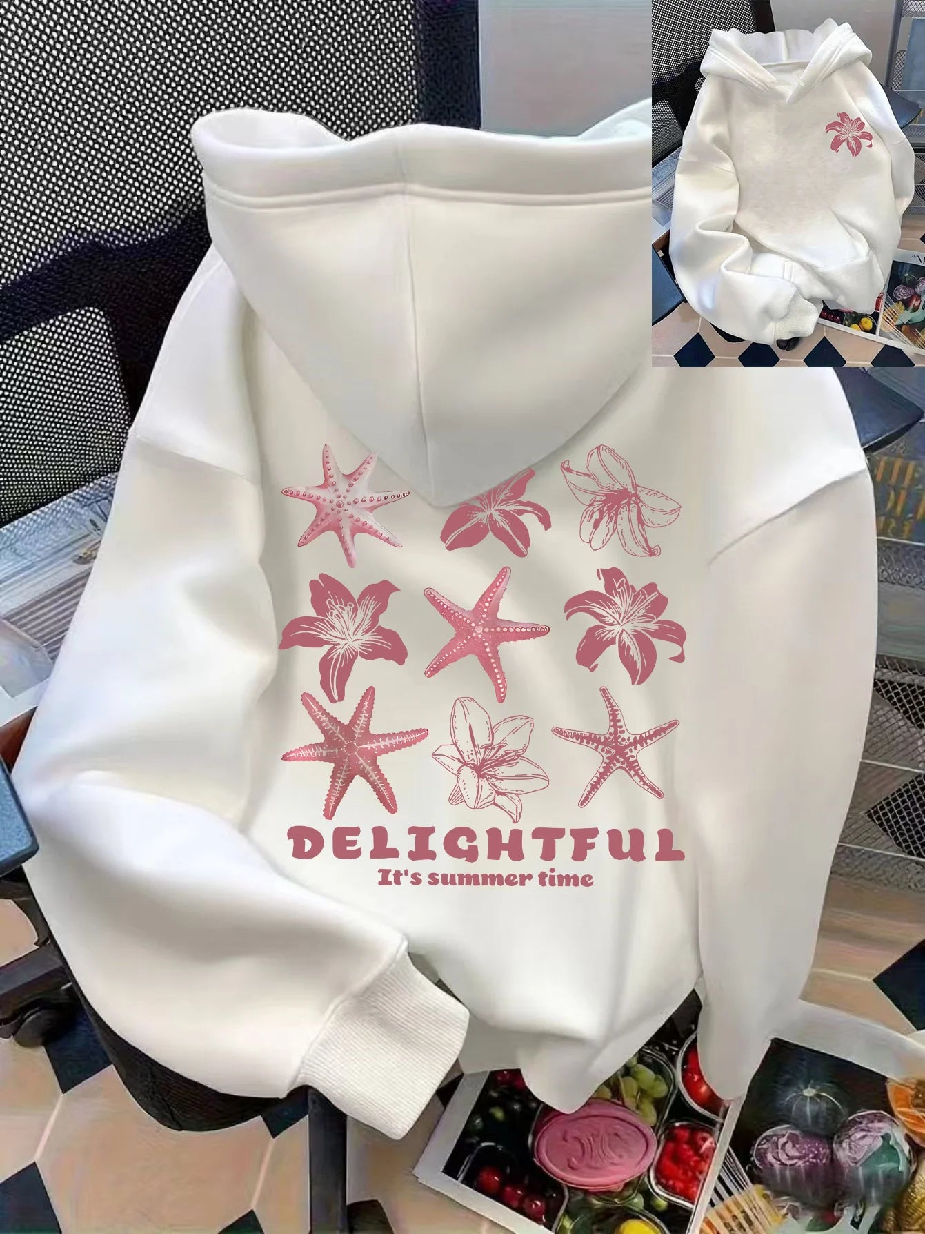 Women's casual seashell and letter pattern front and back printed pullover hoodie women's casual top versatile style hoodie