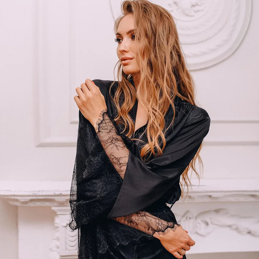 Sexy Women's Silk Satin Long Bathrobe Romance Lace Edge Kimono Robe Nightdress Nightgown Nightwear Sleepwear Home Clothes Female