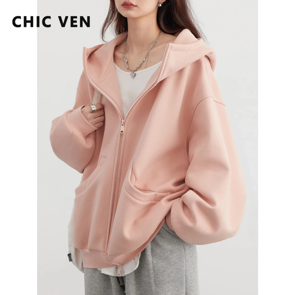 CHIC VEN Women Sweatshirts Loose Casual Hooded Long Sleeves with Plush Sweater Double Zipper Oversize Coat Spring Autumn 2026
