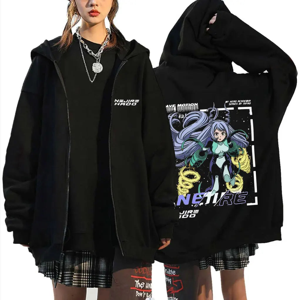 Anime My Hero Academia T-shirt Kawaii Cute Nejire Hado Cosplay Zipper Hoodie Men Women Casual Cartoon Oversized Zip Up Jacket