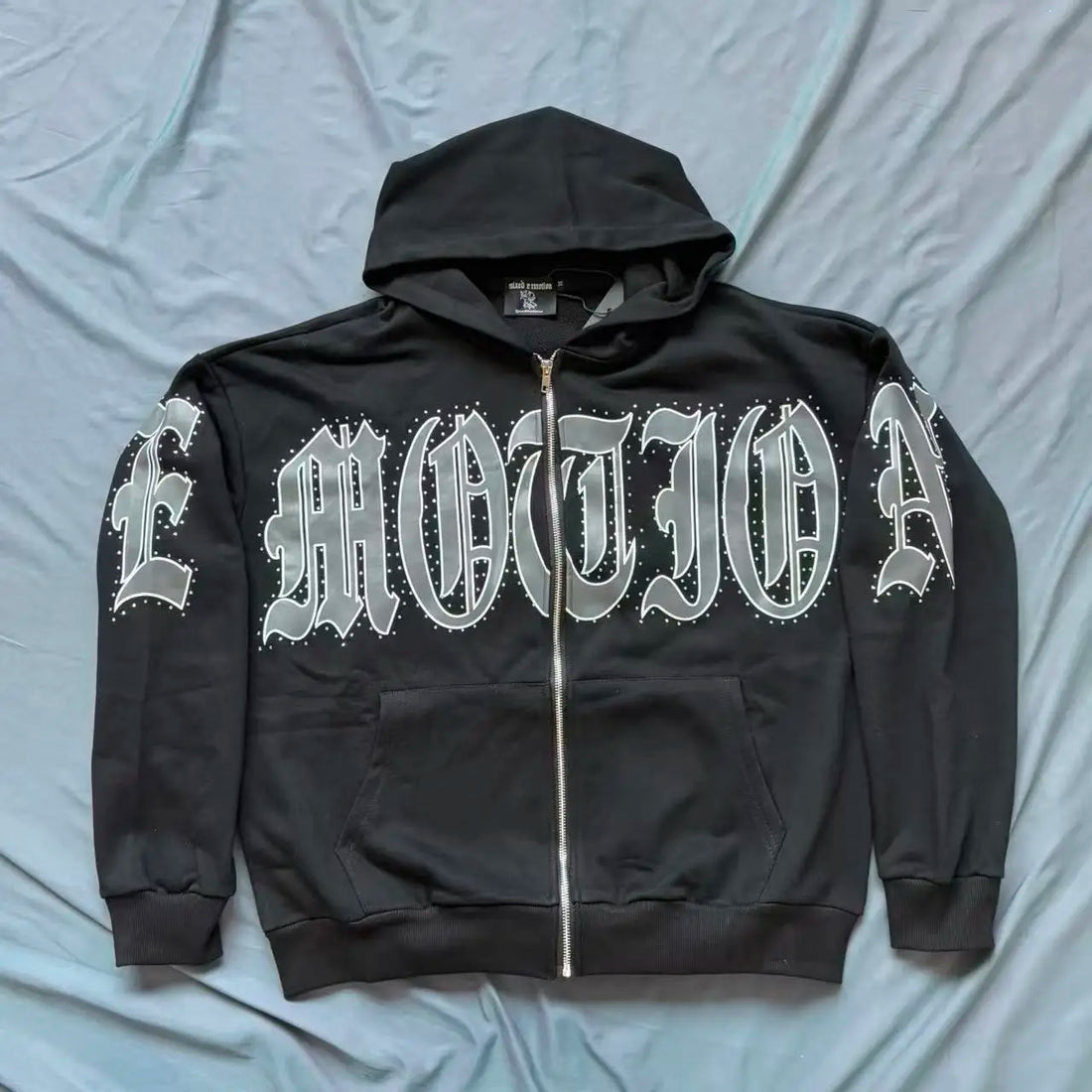 Fashionable Zip-Up Jacket, High Quality, 450g Heavyweight Pure Cotton Terry Fabric, White Ink Direct Printing, Middle Eastern Glass Rhinestones, Full Print, Hand-Applied Rhinestones