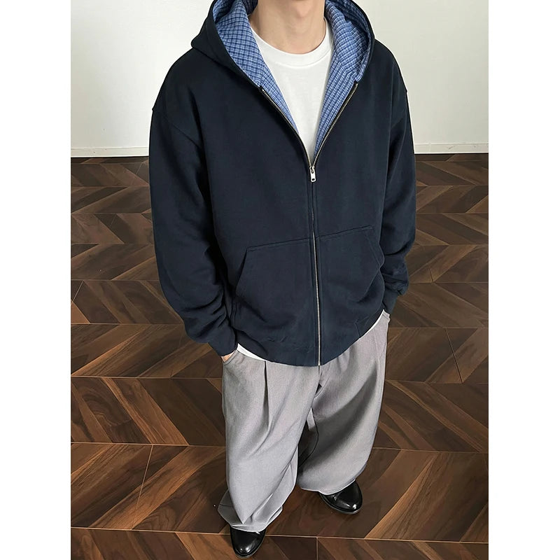 Retro Varsity Men's Layered Zip Up Hoodie Checked Lining Relaxed Fit Streetwear Jacket Hip-hop Unisex Hoodies
