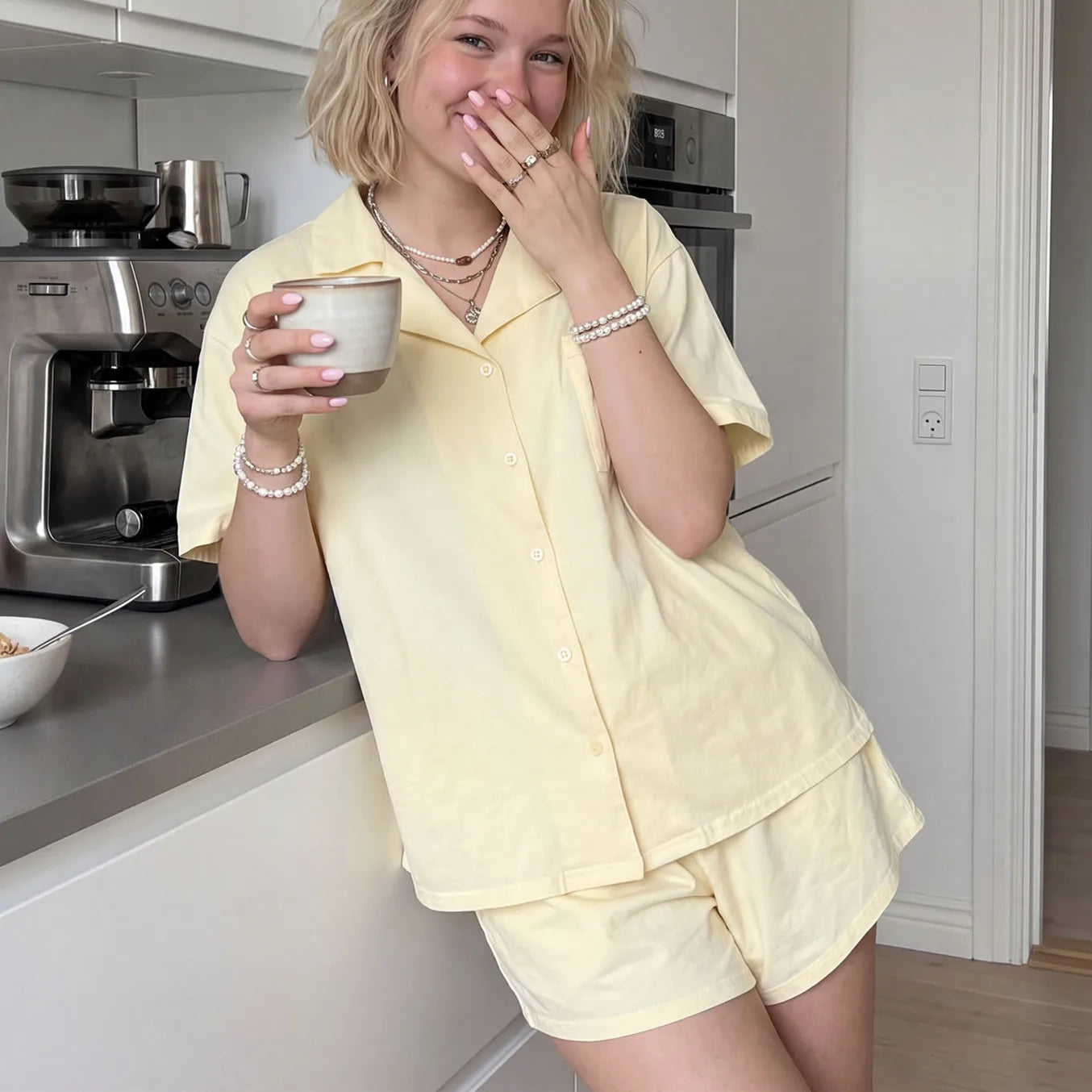Hirigin Soft Loungewear Sleepwear 2 Piece Set Women Short Sleeve Button Down Pajama Set and Shorts For Home Casual Nightwear