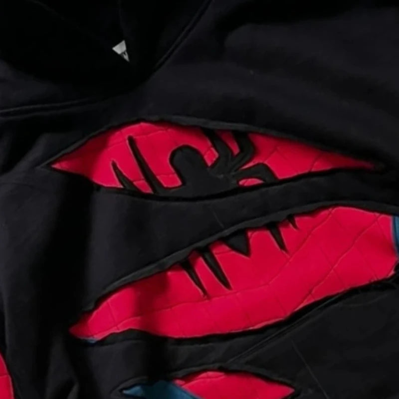 Mens Hoodie American Retro Spider Patchwork Zip Up Sweatshirt Harajuku Unisex Oversized Loose Fit Gothic Y2K Streetwear Fashion