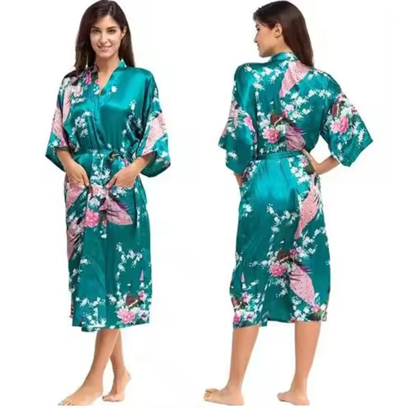 Silk Bathrobe Women Satin Kimono Robes For Women Floral Robes Bridesmaids Long Kimono Robe Bride Silk Robe Dressing Gown