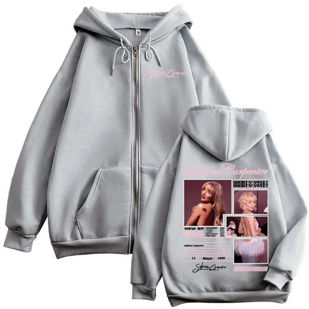 Sabrina Carpenter Short N' Sweet Merch Zipper Hoodie Fashion Aesthetic Zip Up Sweatshirt Men Women Oversized Casual Pullovers