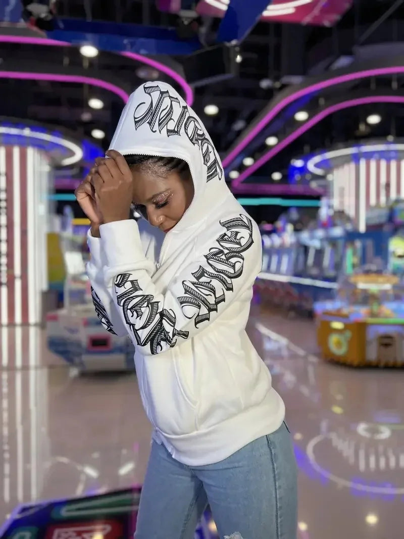 New 2025 Winter Letter Printed Zip Up Hoodie Streetwear Women Cyber Y2k Jackets Cardigan Gothic Punk Clothes Sweatshirts