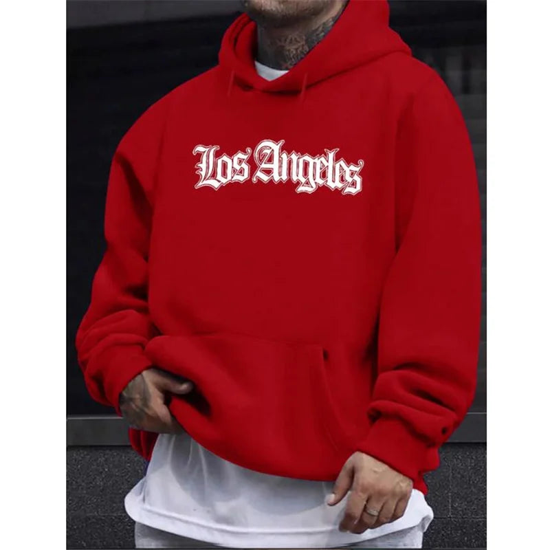 Men's Autumn and Winter Casual Fashion Loose Hoodie Los Angeles Letter Printed Long Sleeved Warm Pullover Sweater