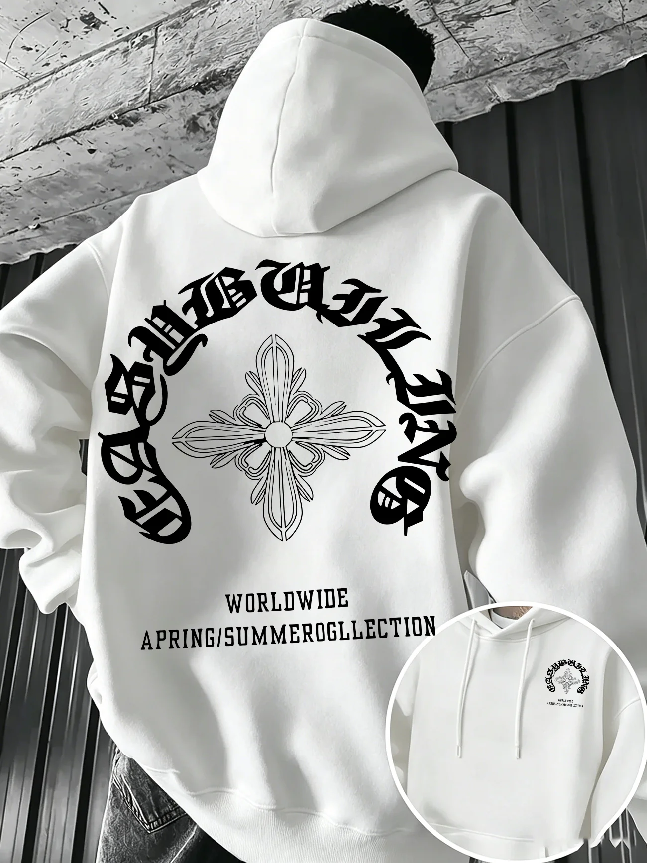 Gothic Letter Cross Pattern Men's Hoodie with Vintage Print, Loose Fit, Suitable for Autumn Winter with A Hooded Pullover Design