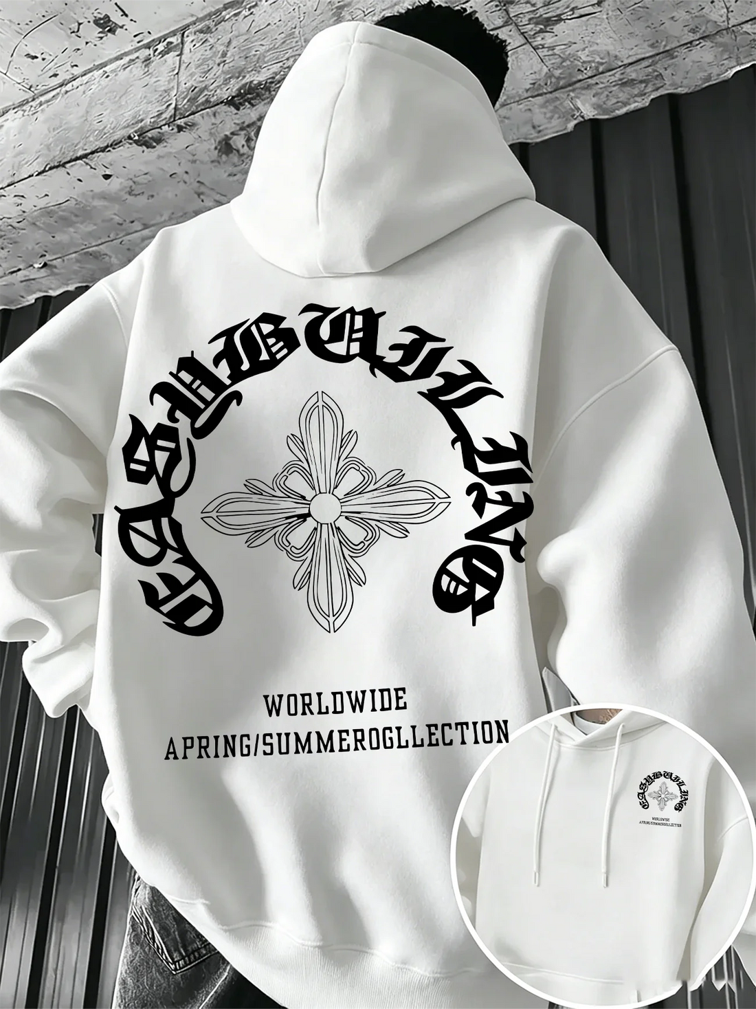 Gothic Letter Cross Pattern Men's Hoodie with Vintage Print, Loose Fit, Suitable for Autumn Winter with A Hooded Pullover Design
